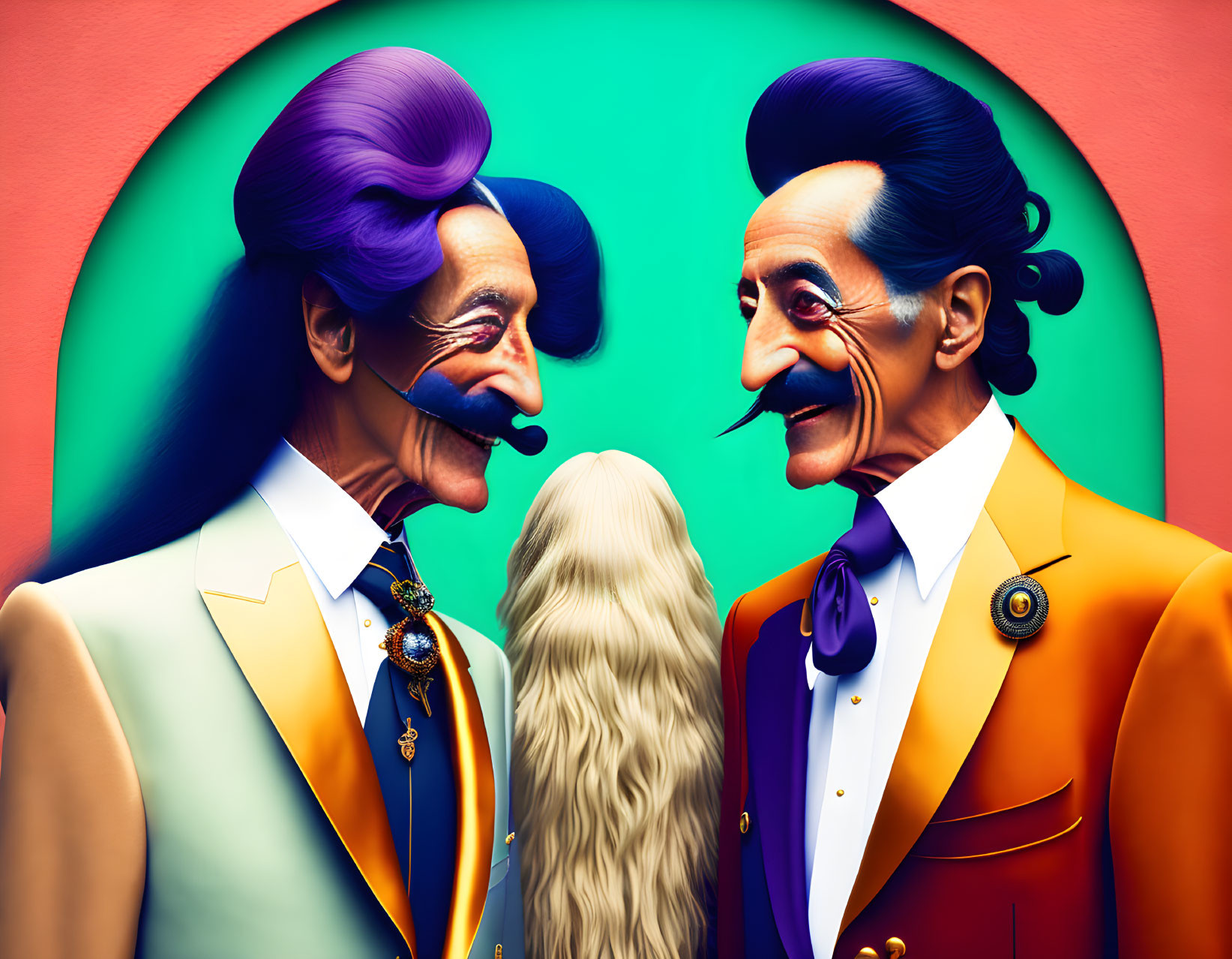 Colorful stylized characters with exaggerated features in vibrant suits and purple hair.