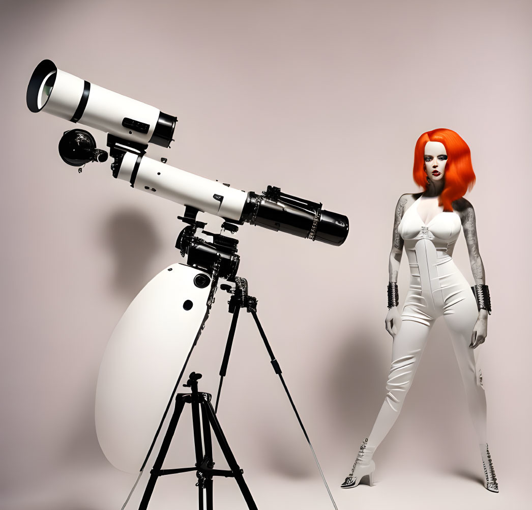 Vibrant red-haired woman in white outfit by large telescope on pink background