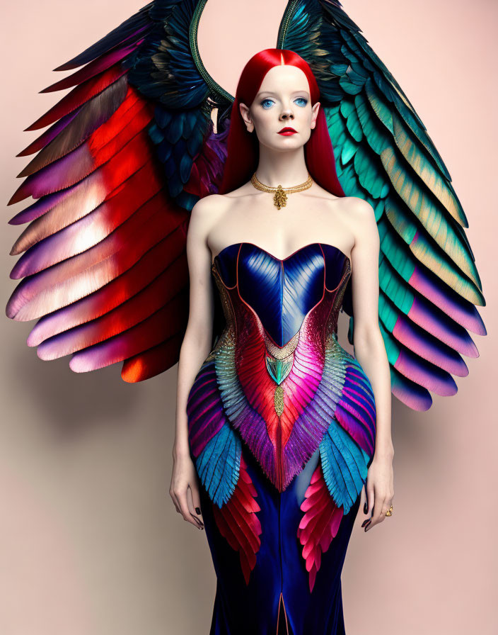 Colorful feathered dress and wings on woman with red hair in pink setting.