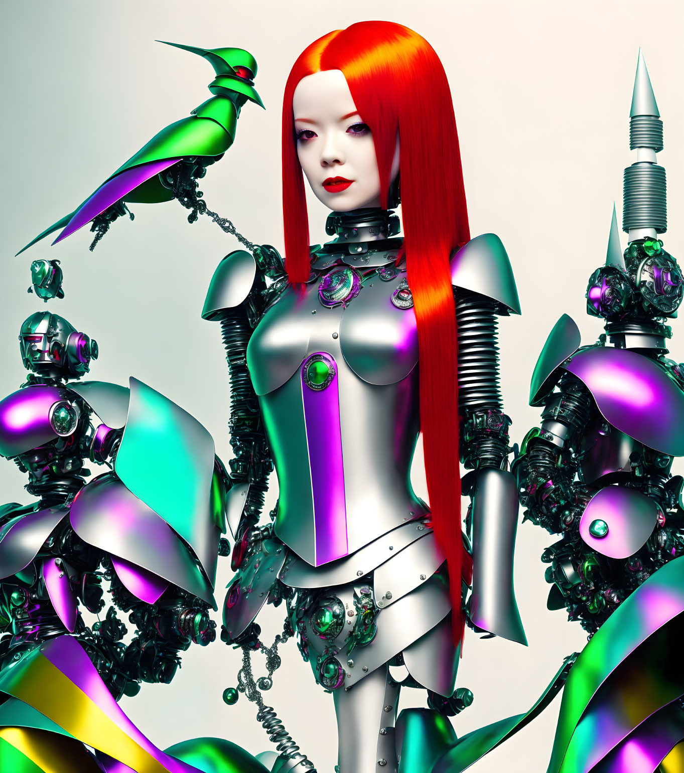 Futuristic female android with red hair in metallic armor