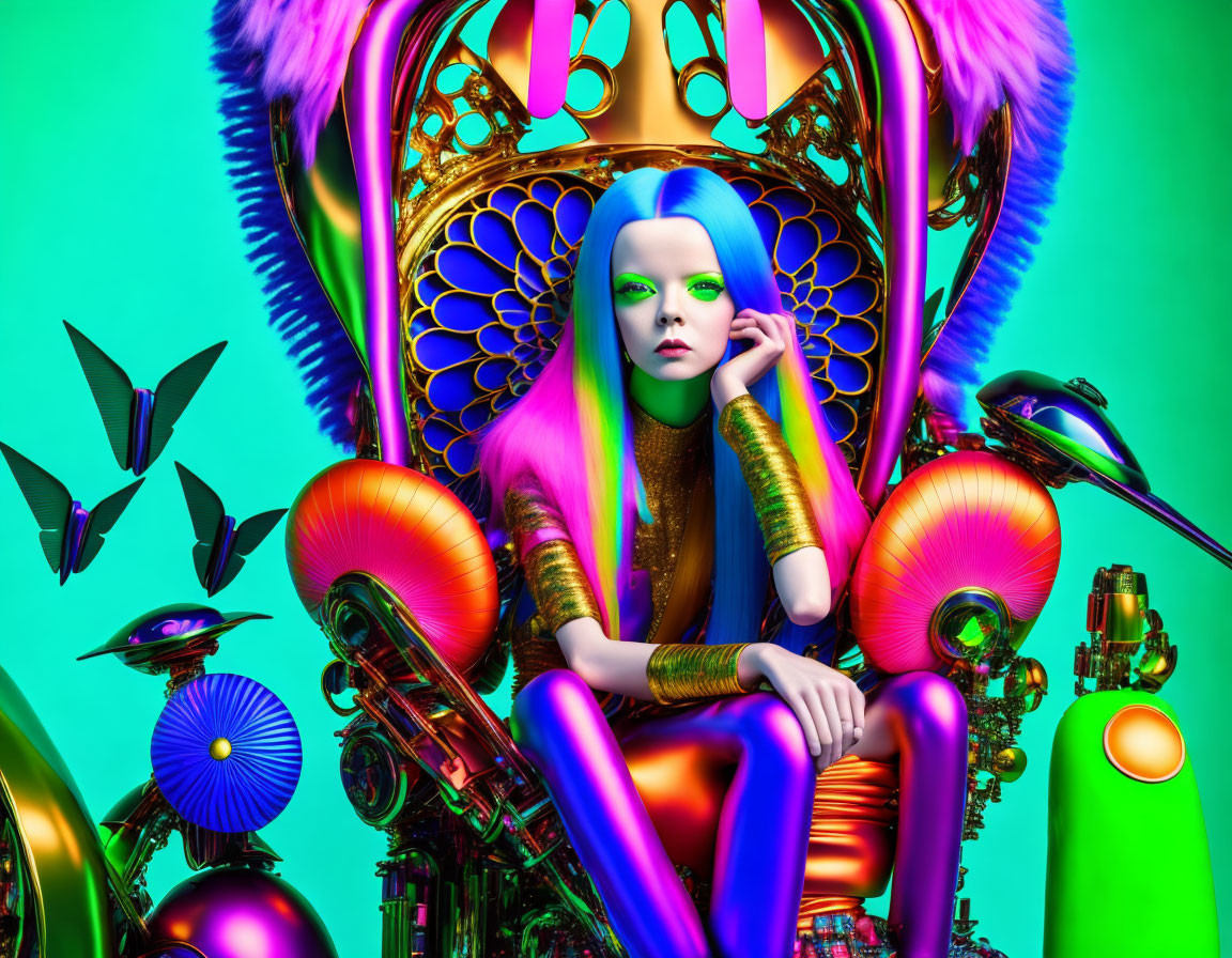 Surreal image: Blue-skinned character on throne with colorful hair
