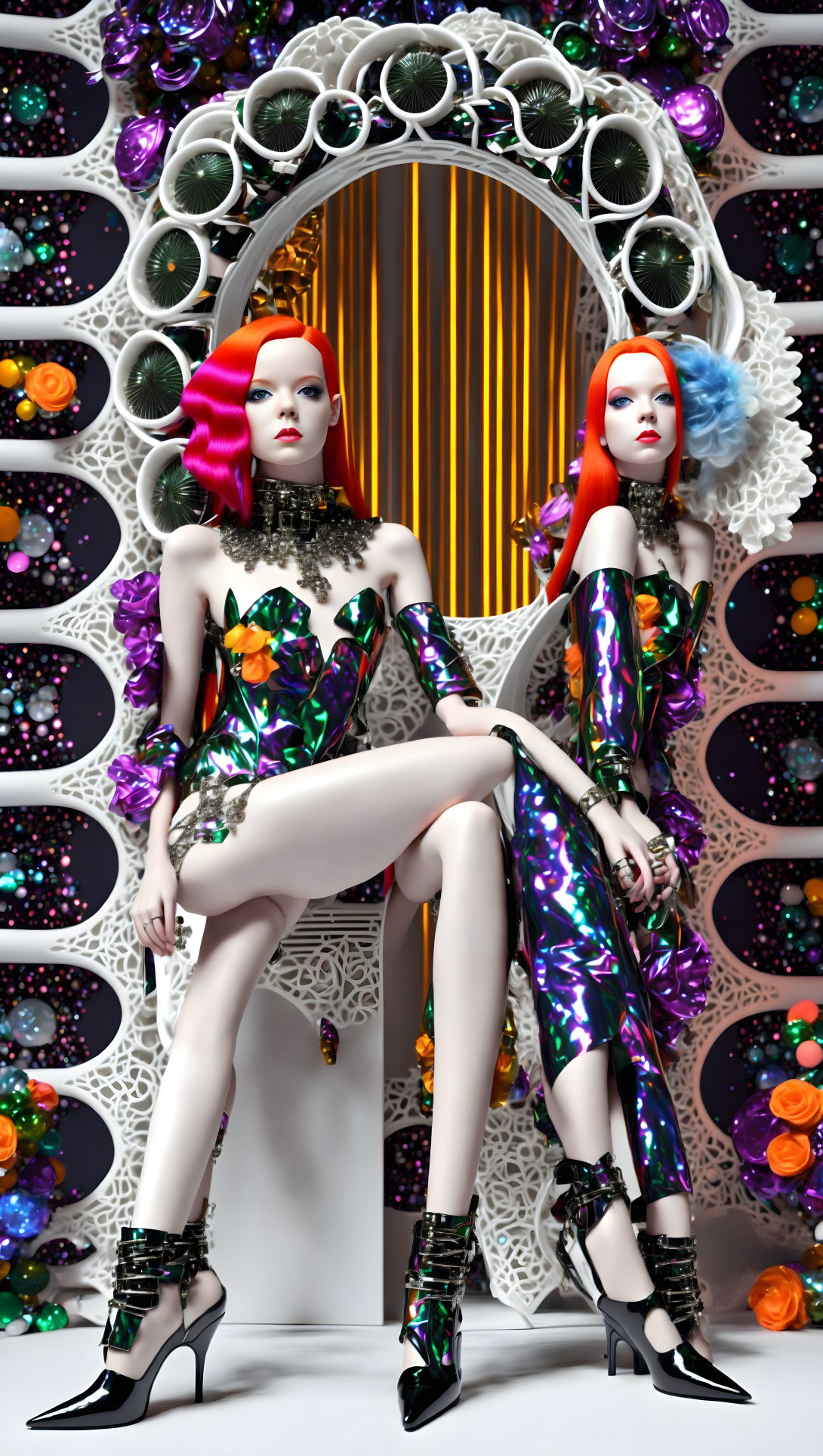 Colorful mannequins with patterned bodysuits in whimsical set.