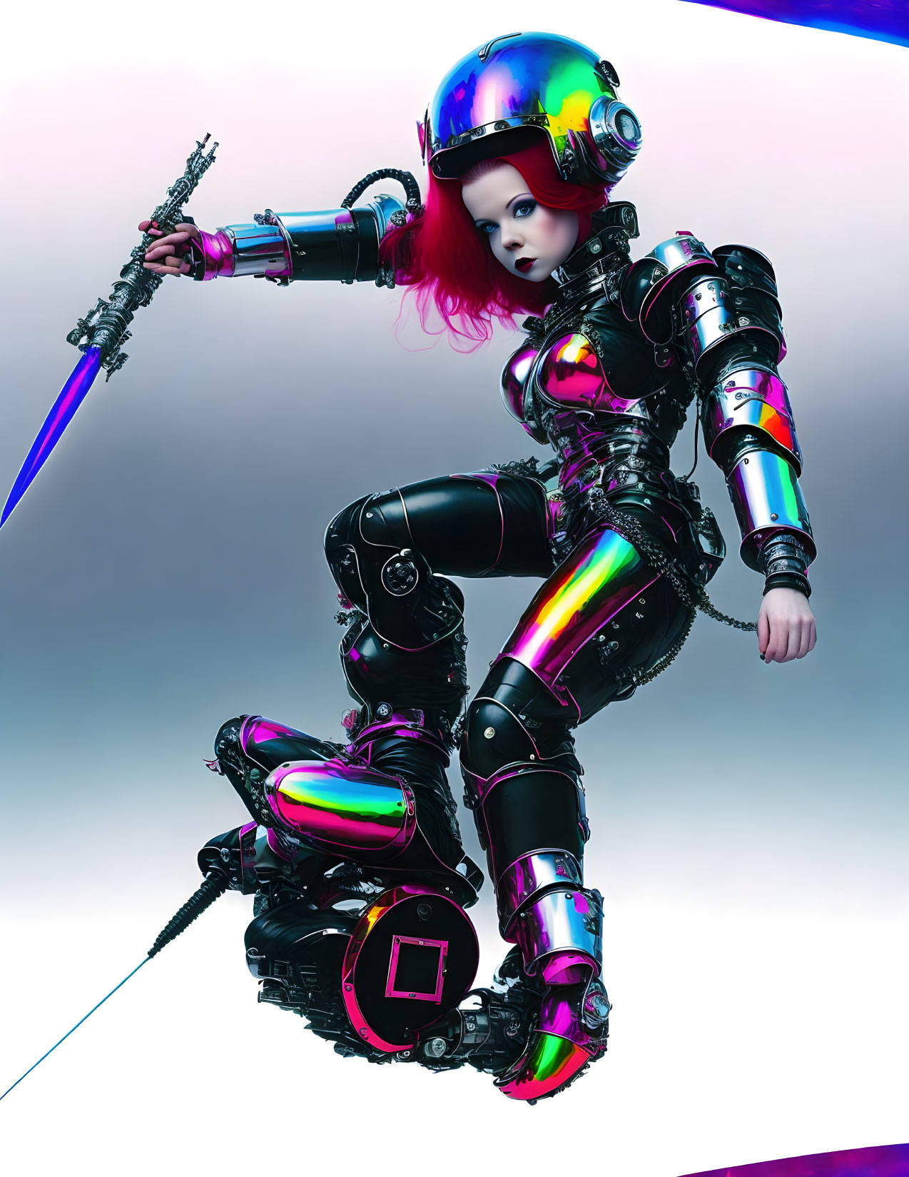 Iridescent armored female robot with red hair and sword on gradient background