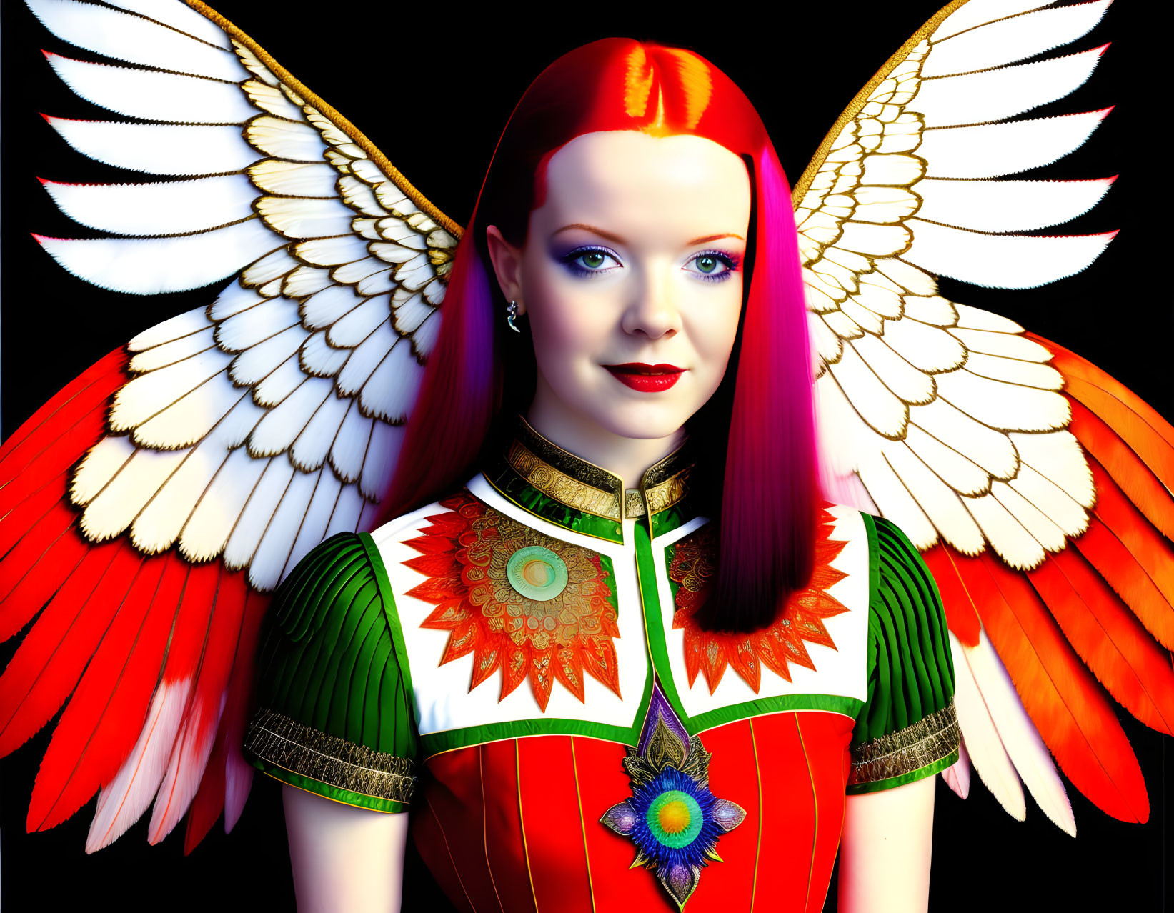 Colorful digital artwork: female figure with wings and red hair on black background