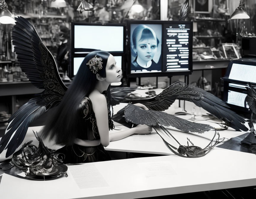 Monochrome image of person with dark angel wings at desk with dual monitors in artistic room