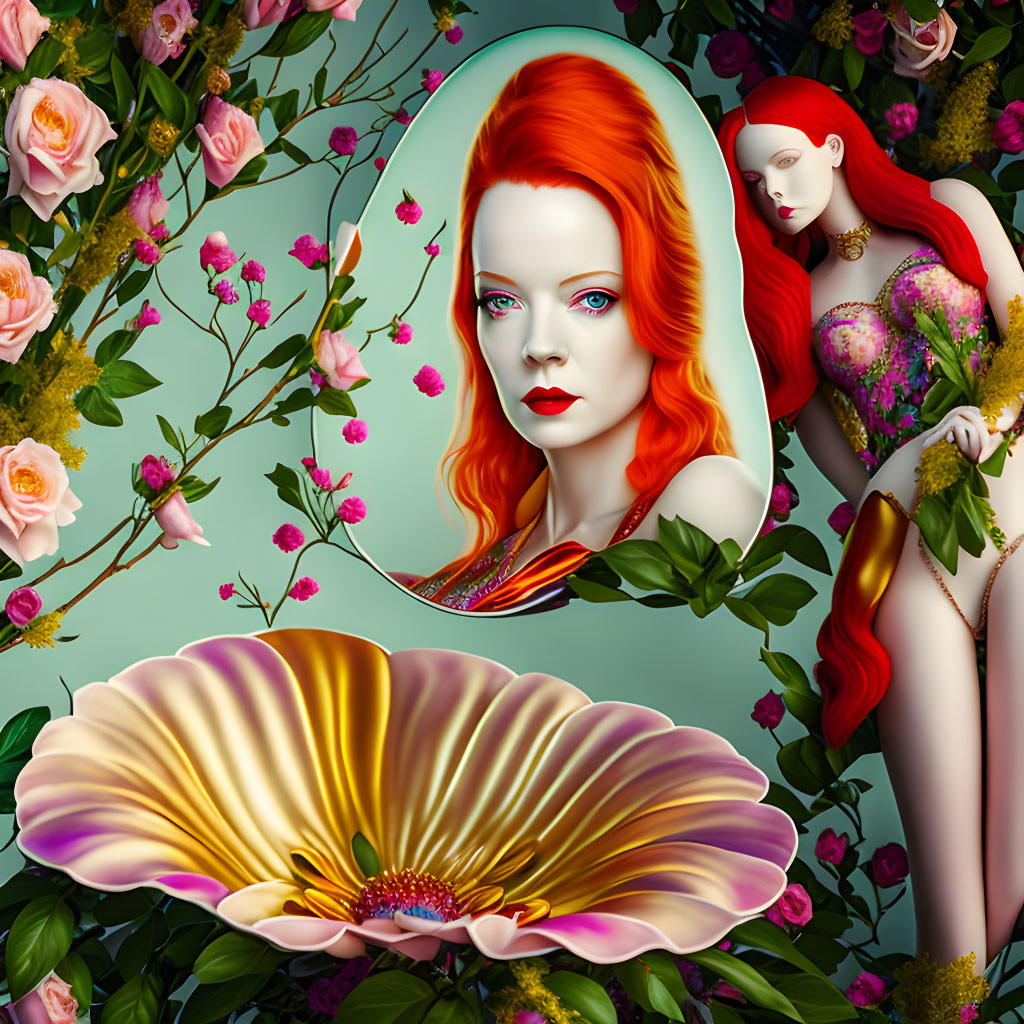 Red-haired woman's portrait in oval frame with mirror image and clamshell in digital artwork