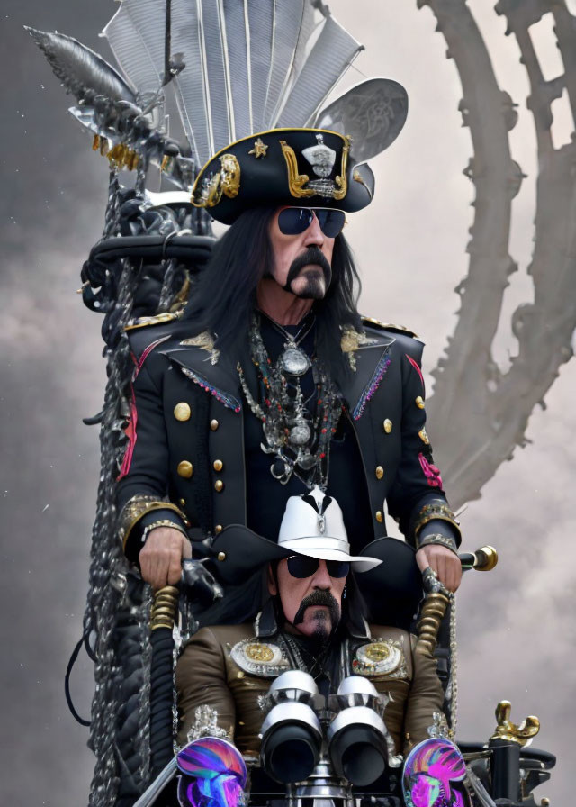 Elaborate black military-style costumes with ornate mechanical backdrop