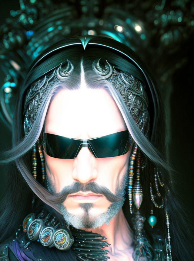 Stylized portrait of man with long silver hair and fantasy armor