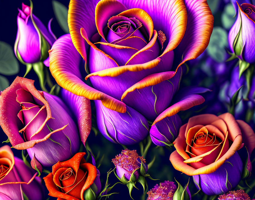 Colorful Purple and Orange Roses with Dewdrops on Dark Background