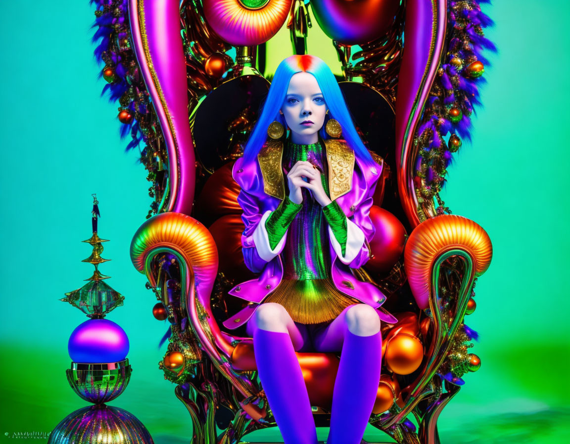 Blue-haired model in colorful fashion against psychedelic backdrop