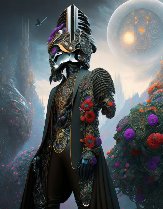 Futuristic knight in ornate armor on vibrant alien landscape