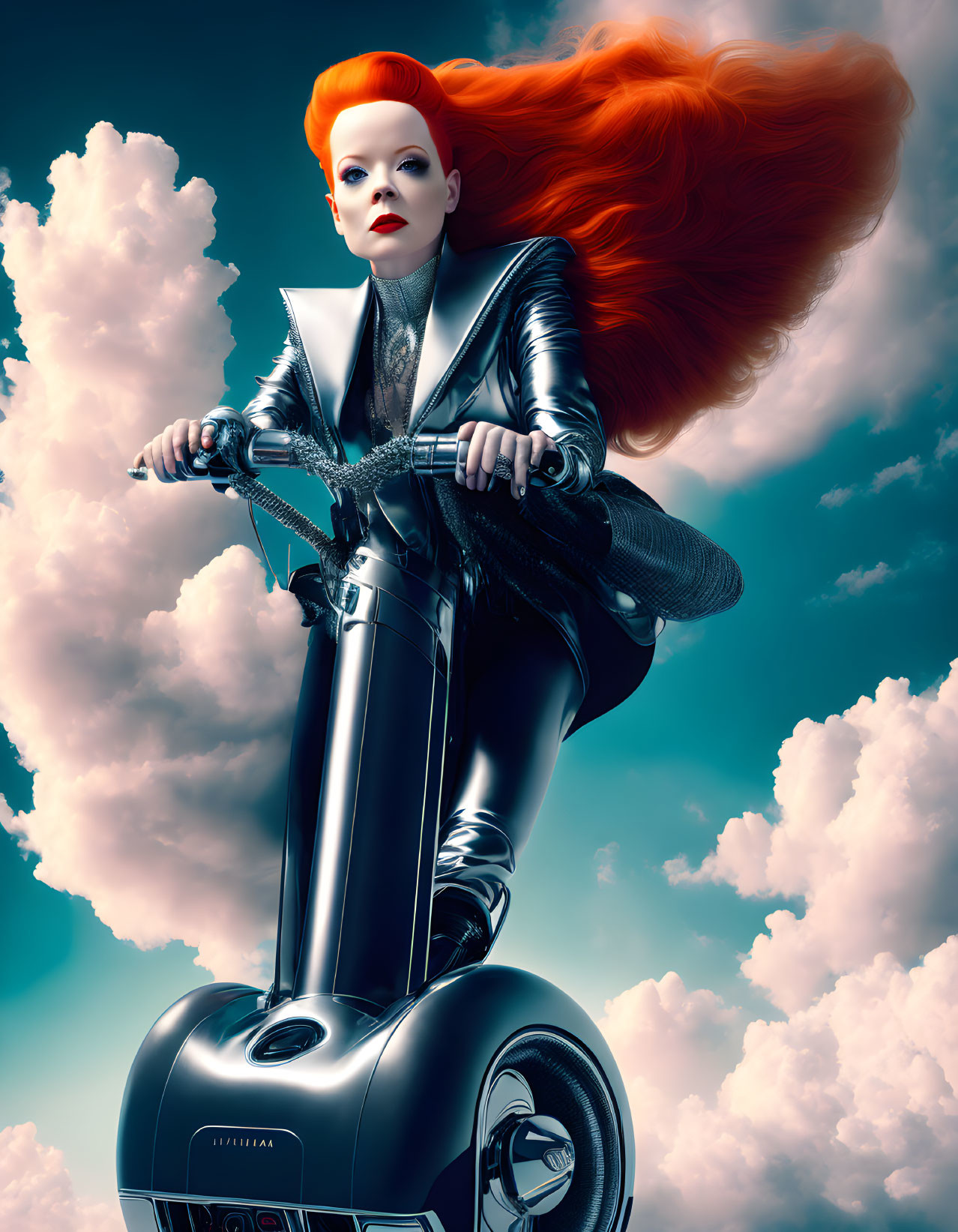 Vibrant red-haired woman in silver outfit on black Segway under blue sky
