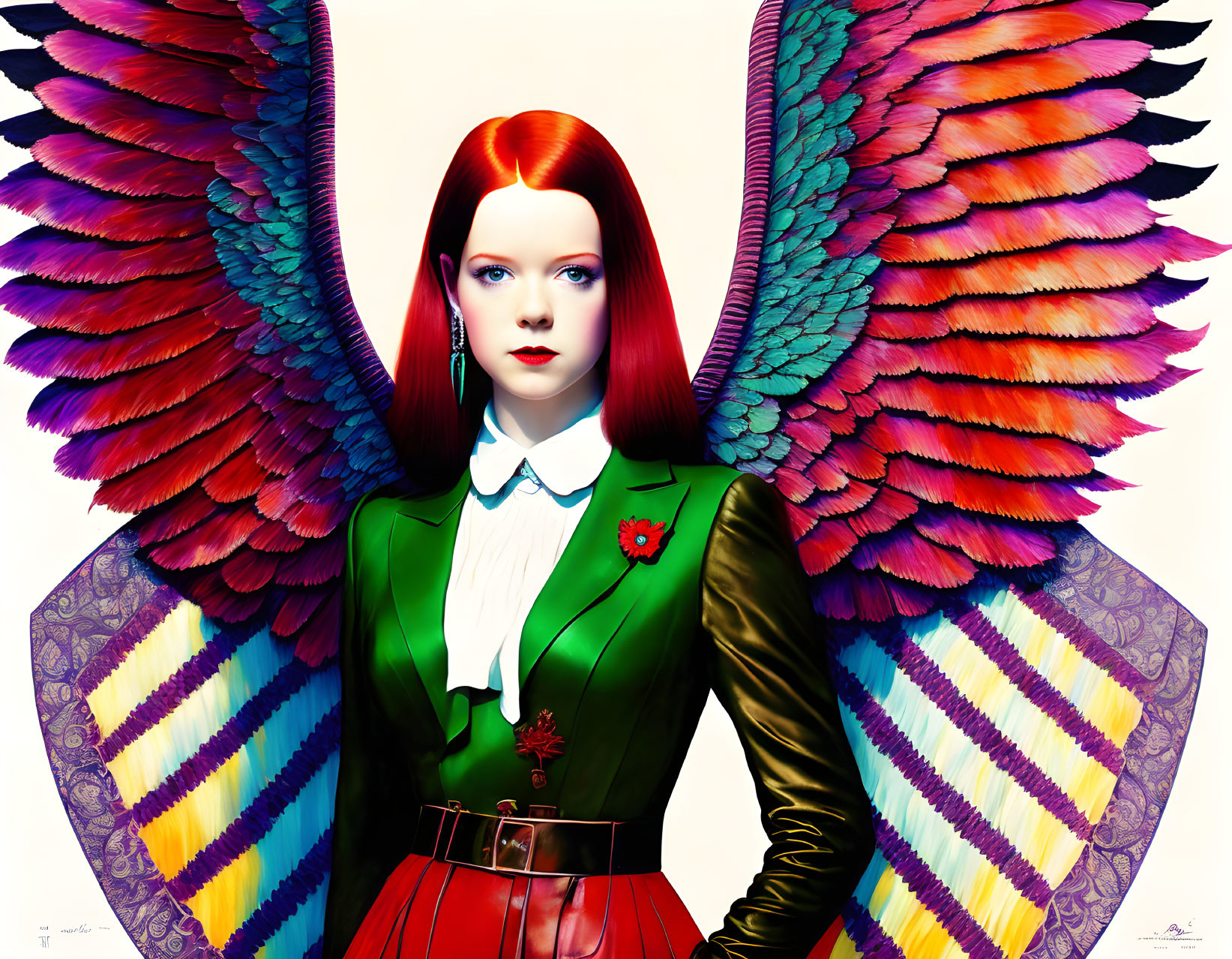 Digital artwork: Woman with red hair, angel wings, and colorful outfit on white background