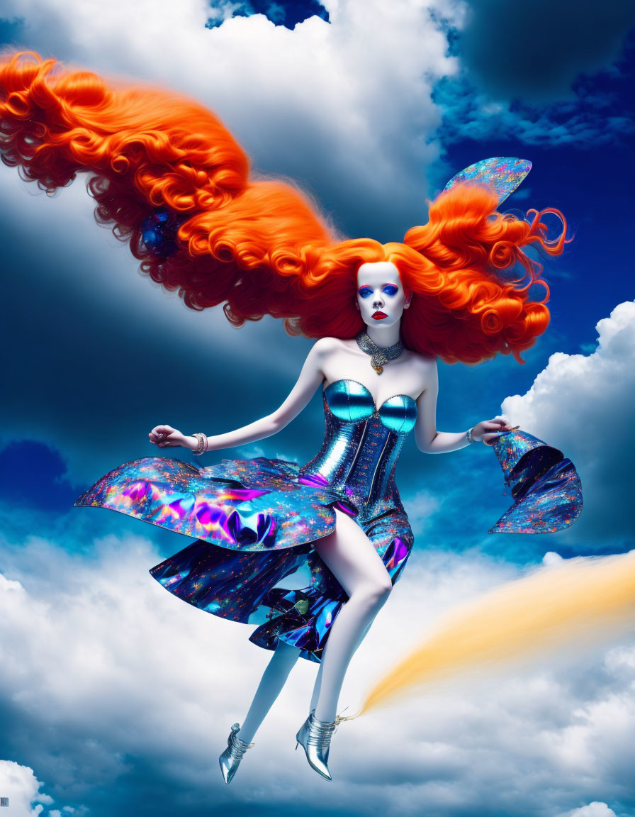 Vibrant image of woman with red hair and blue skin in futuristic attire against cosmic backdrop