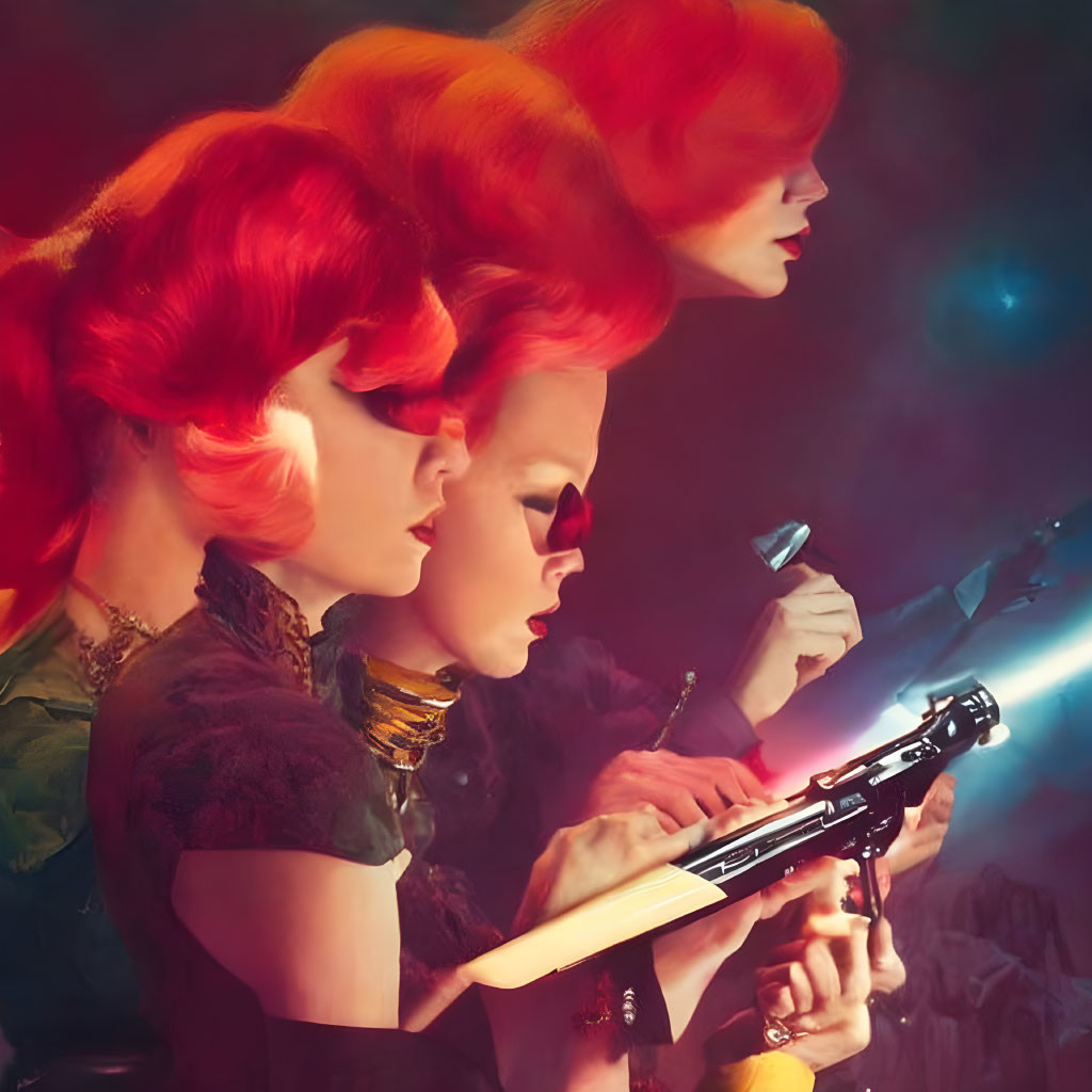 Three Women with Vibrant Red Hair in Retro Fashion Holding Futuristic Weapon
