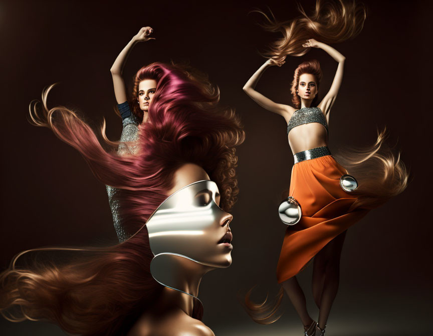 Three women in dynamic poses with flowing hair and futuristic fashion on warm brown backdrop