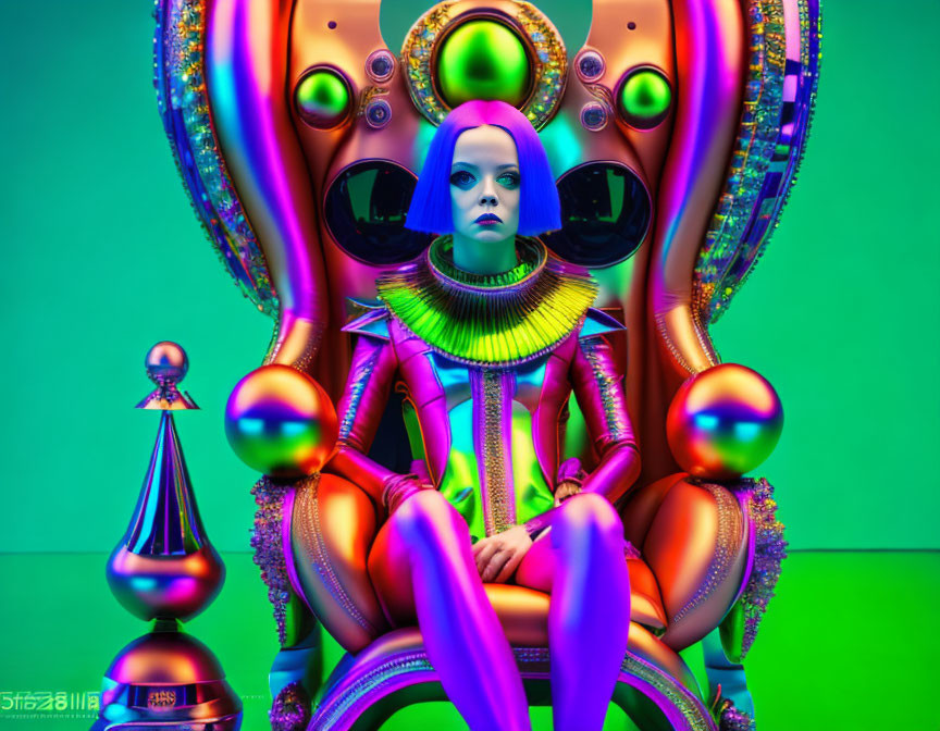 Blue-skinned woman on futuristic throne in vibrant room