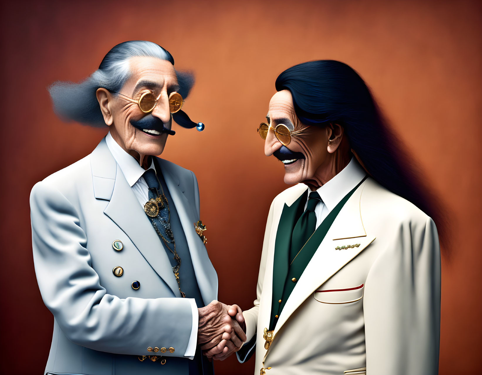 Elderly men with stylized features shaking hands in vintage attire