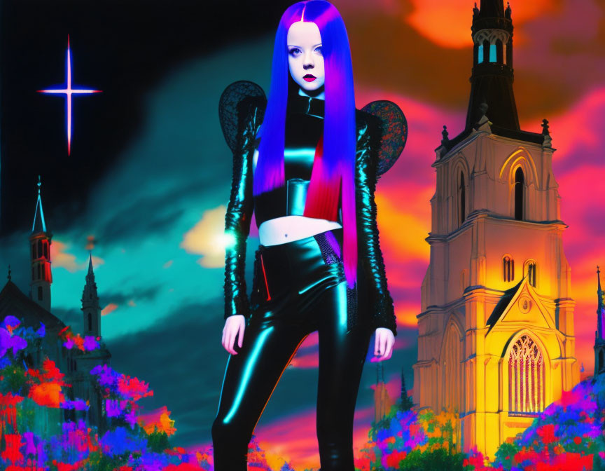 Gothic digital art: Woman with blue and purple hair in black attire against neon crosses and church