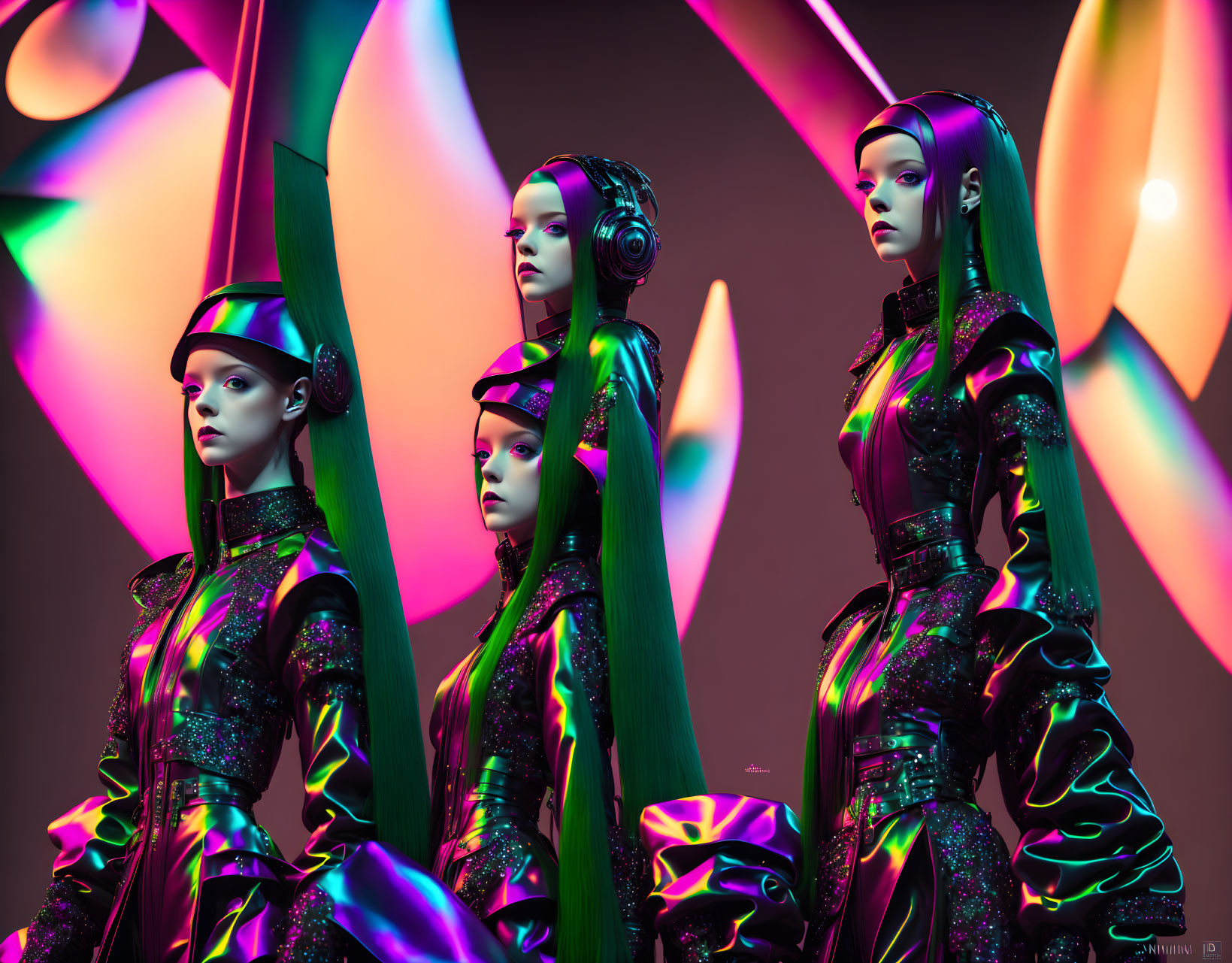 Four futuristic female figures in iridescent, structured outfits with pointed shoulder pads and sleek hats against a
