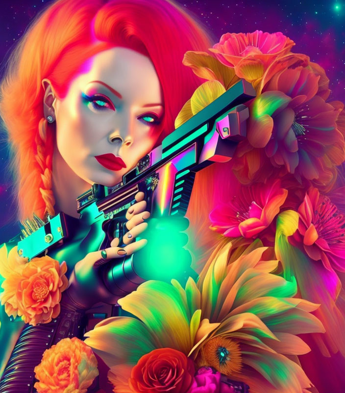 Vibrant image of woman with red hair and futuristic makeup holding stylized gun among vivid flowers on