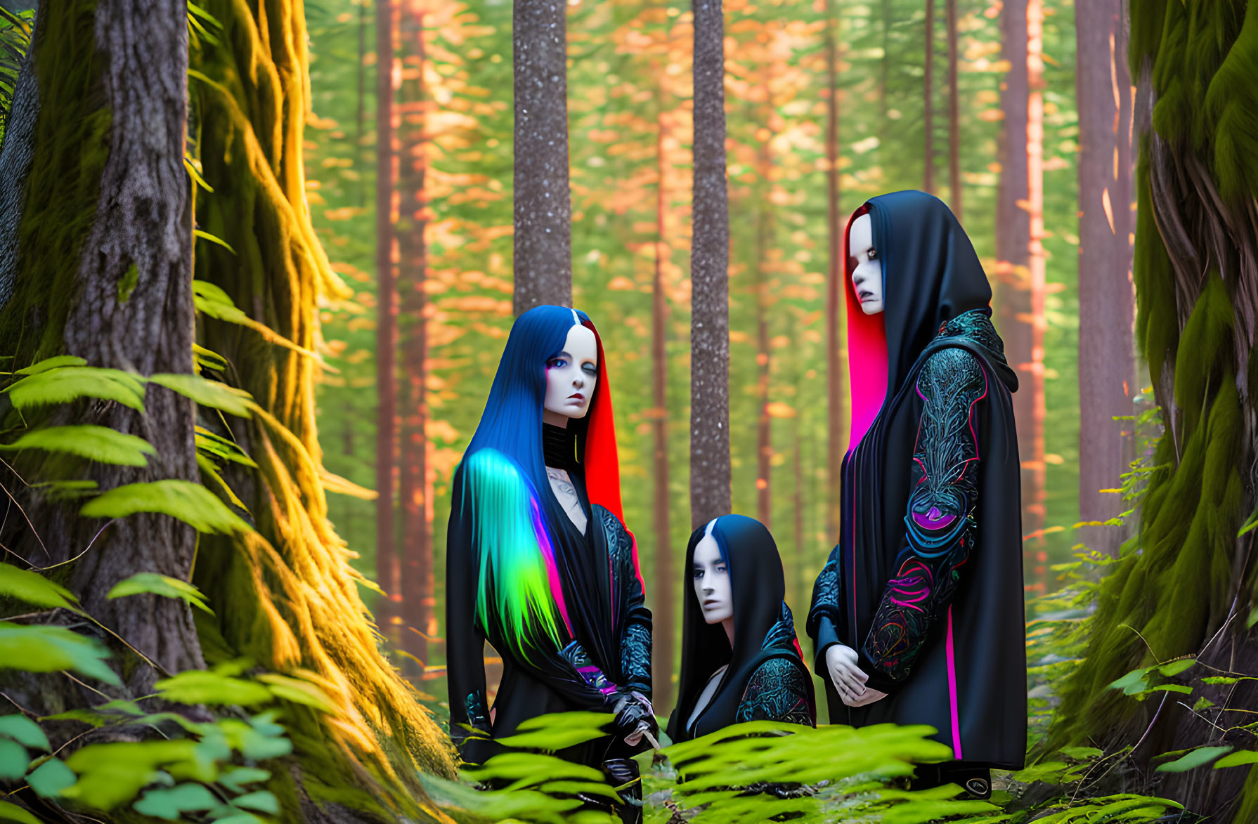 Vibrant hair and elaborate robes in serene forest setting