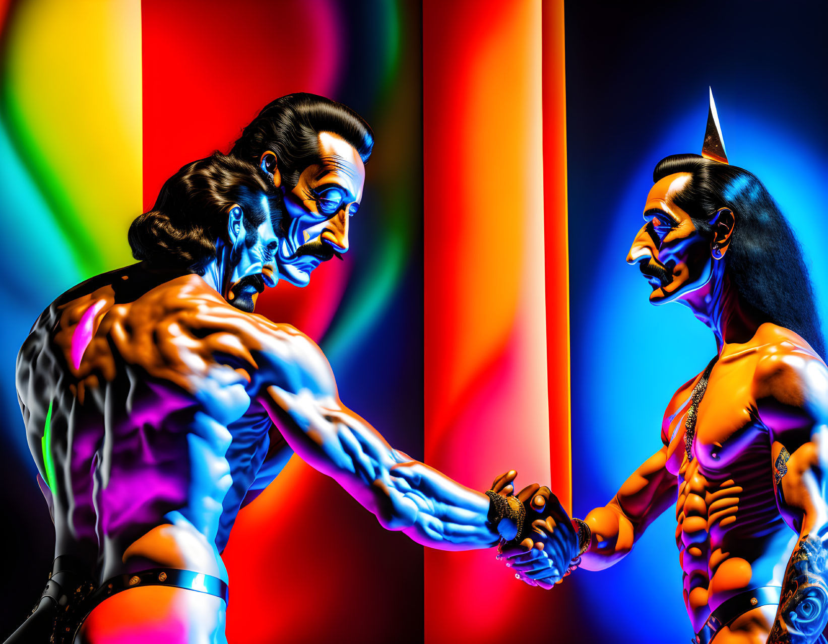 Muscular cybernetic figures with exoskeletons shaking hands on vibrant background