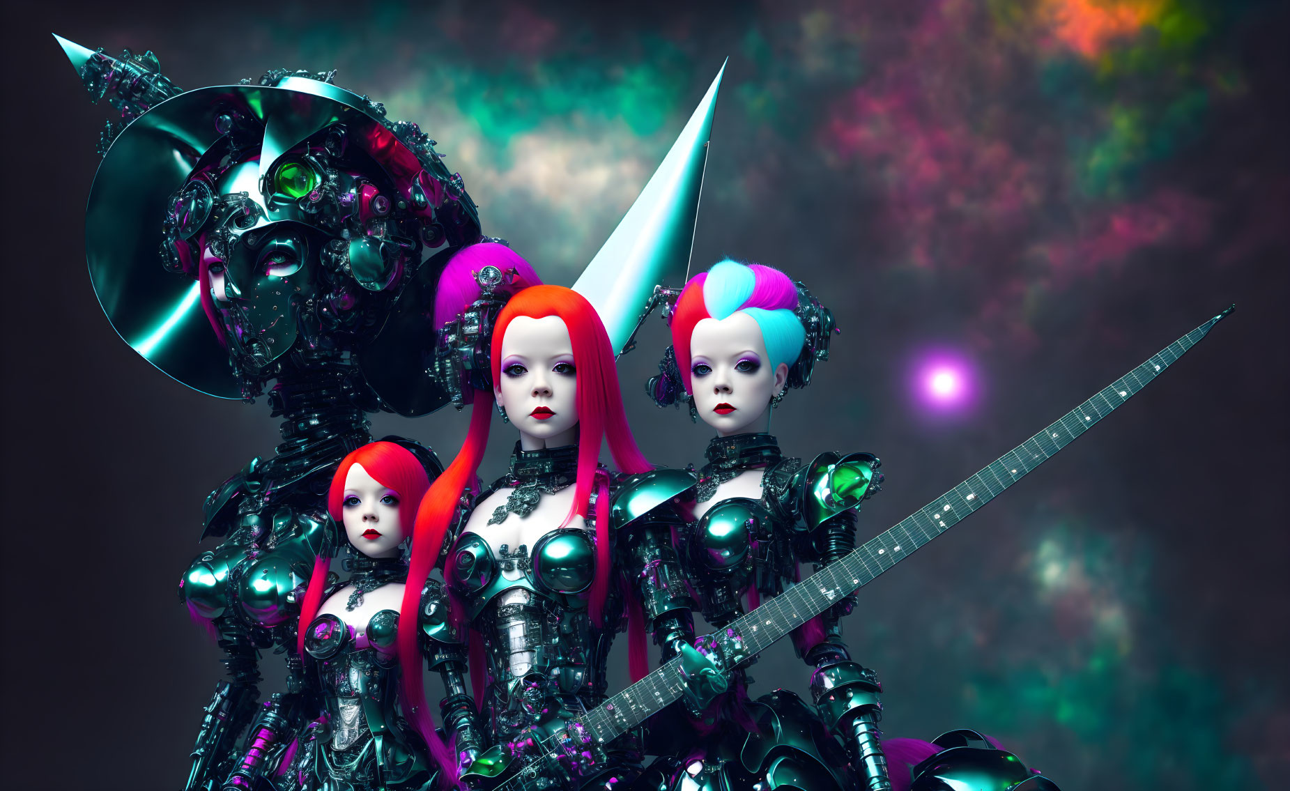 Colorful humanoid robot figures against nebula backdrop