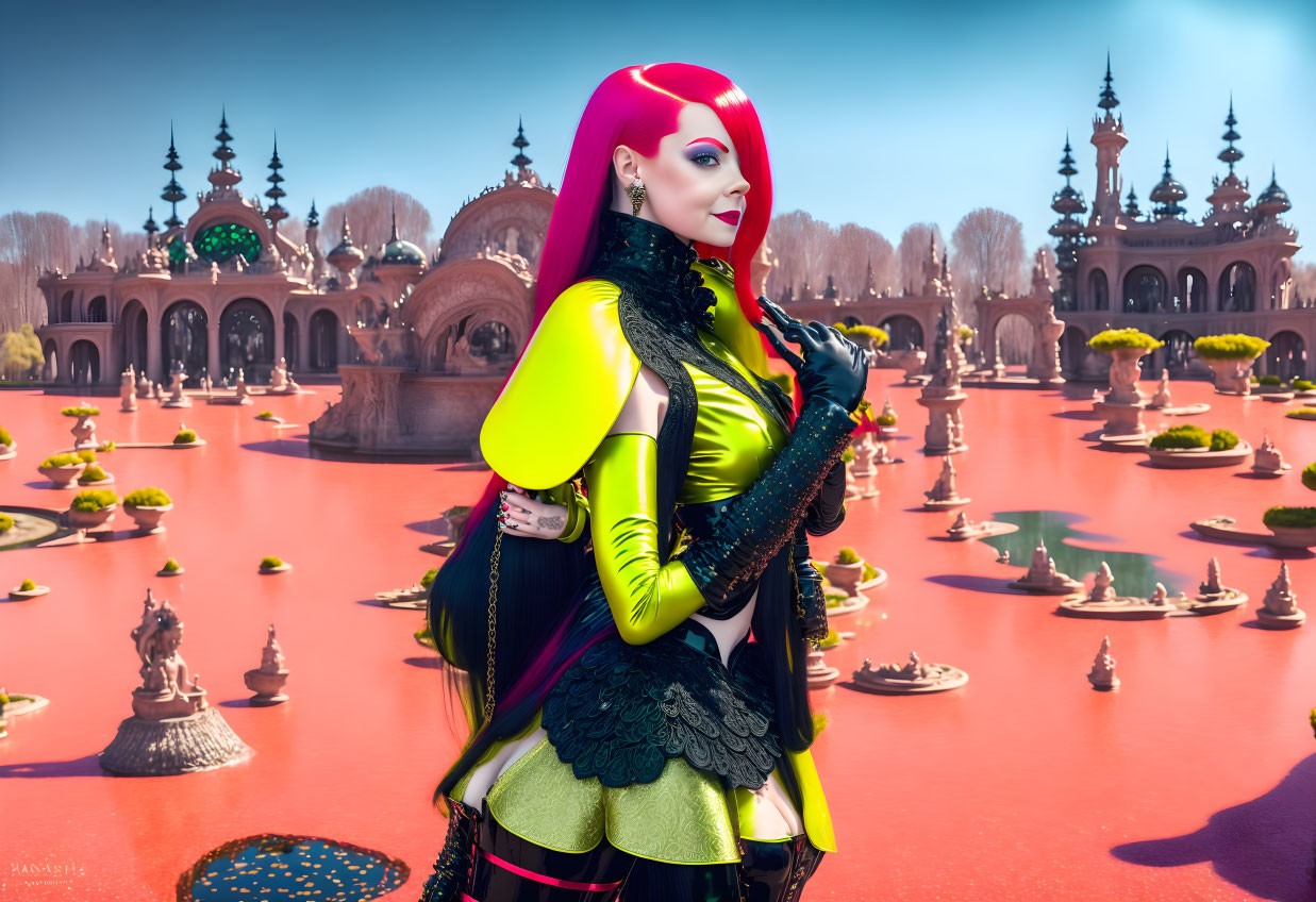 Vibrant red-haired woman in colorful outfit in front of fantastical landscape