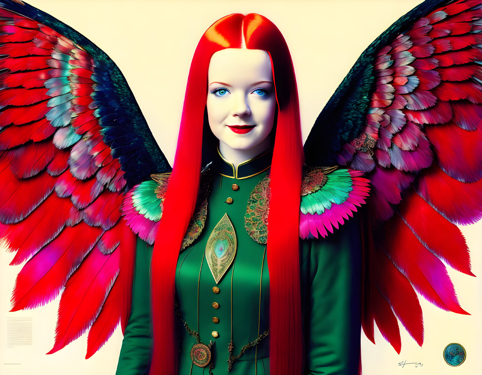 Digital Artwork: Woman with Red Hair, Green/Gold Attire, Colorful Bird-like Wings