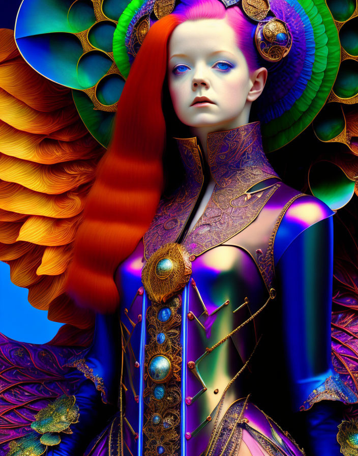 Colorful digital artwork: Woman with red hair, blue skin, golden and peacock-feather attire