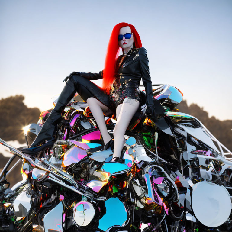 Red-haired woman on chromatic motorcycle in black attire