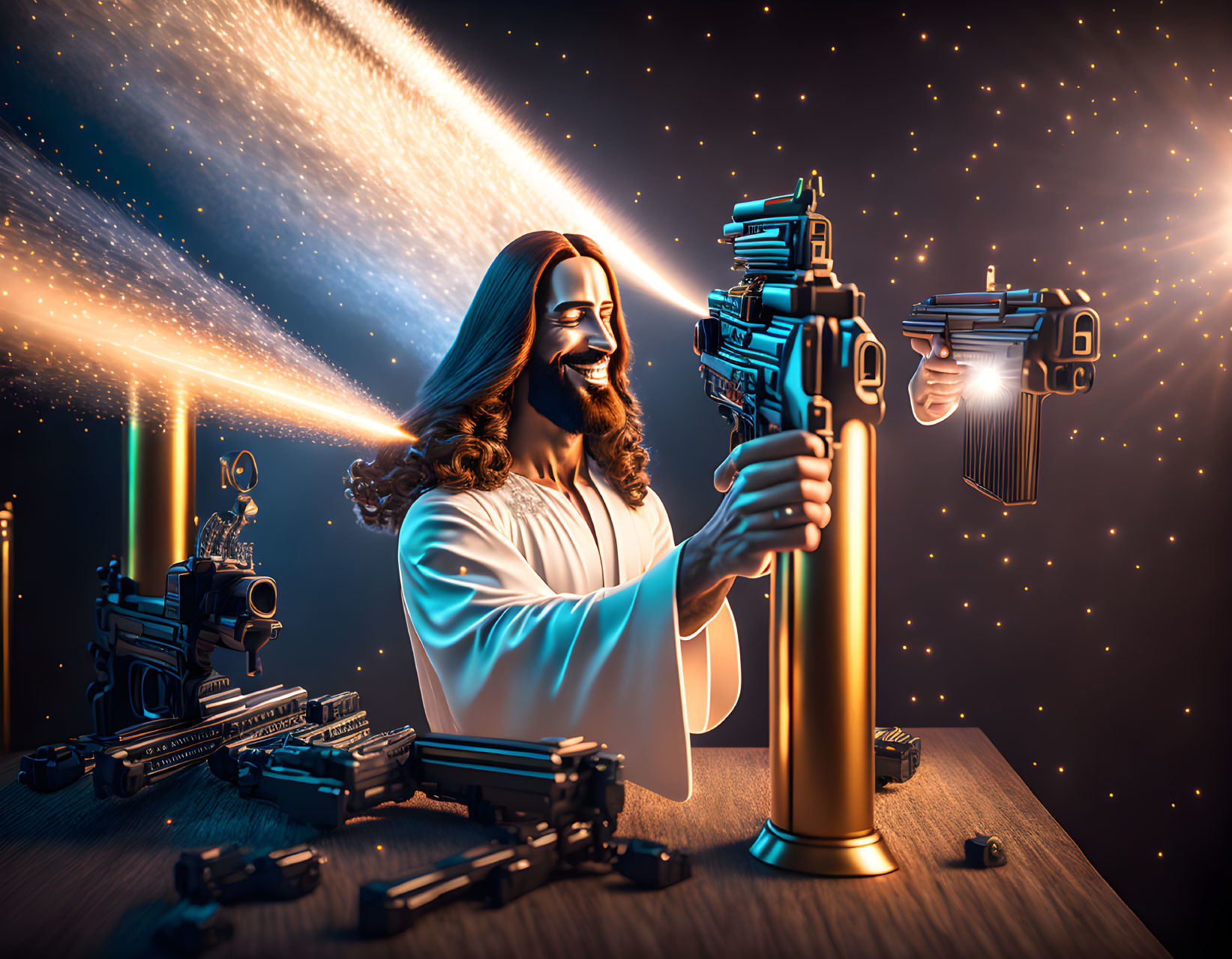Religious figure with modern firearm in cosmic setting