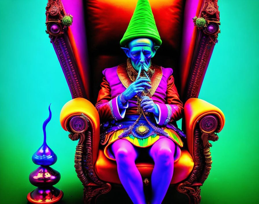 Pensive person in gnome hat on throne with colorful lighting and incense burner