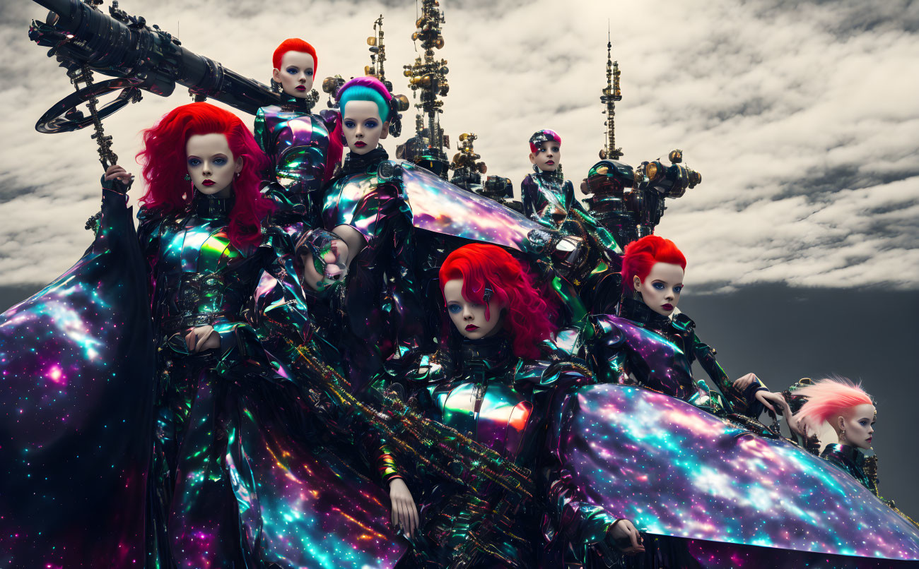 Mannequins in futuristic metallic clothing with red hair under cloudy sky