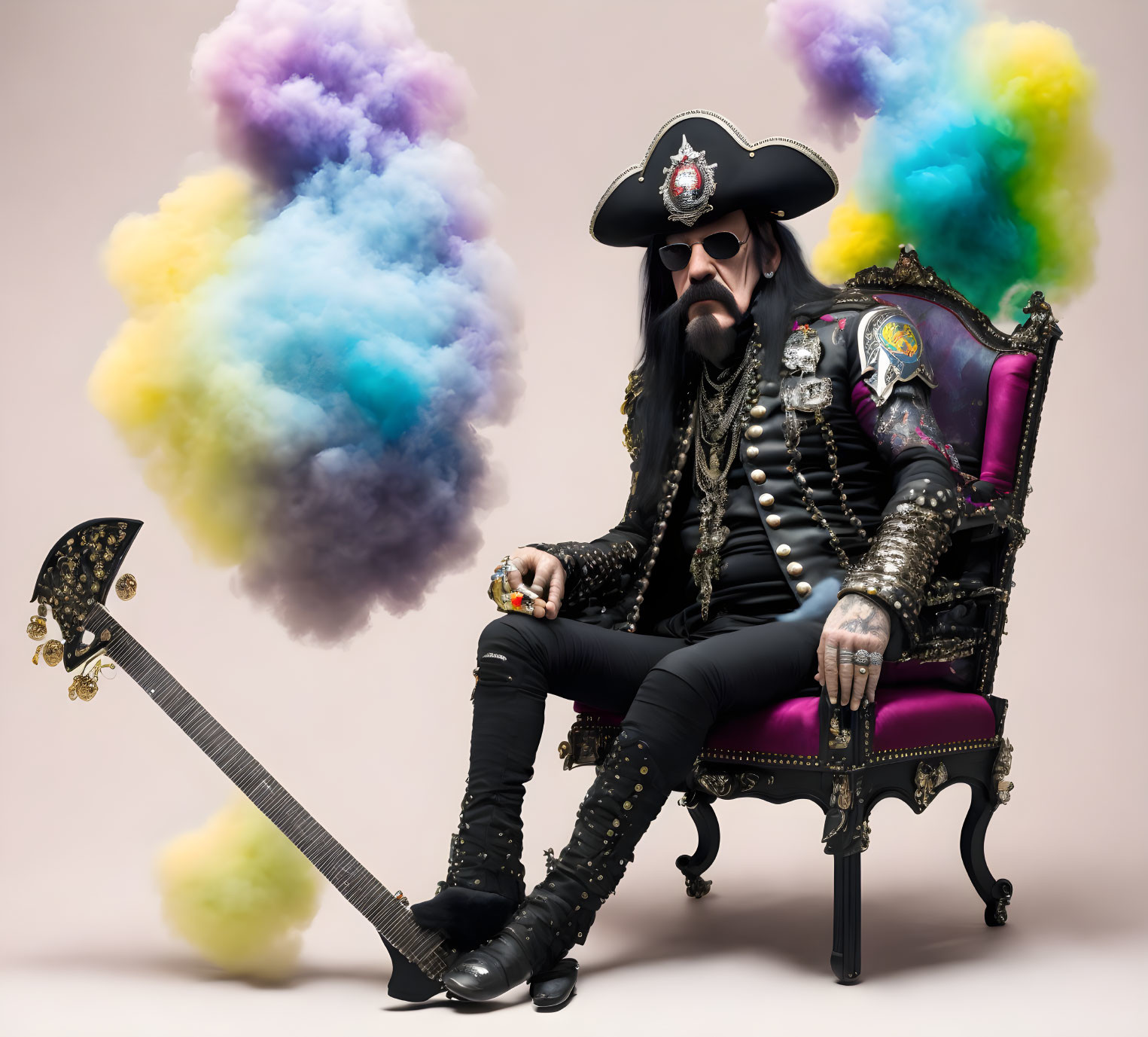 Extravagant pirate in throne with colorful smoke clouds and guitar