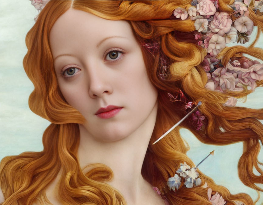 Detailed close-up of painting: Woman with flowing red hair and flower adornments, exuding serene gaze