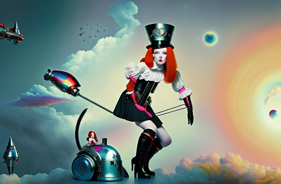 Whimsical surreal illustration: Woman in top hat, birds from cannon, mini person on vacuum