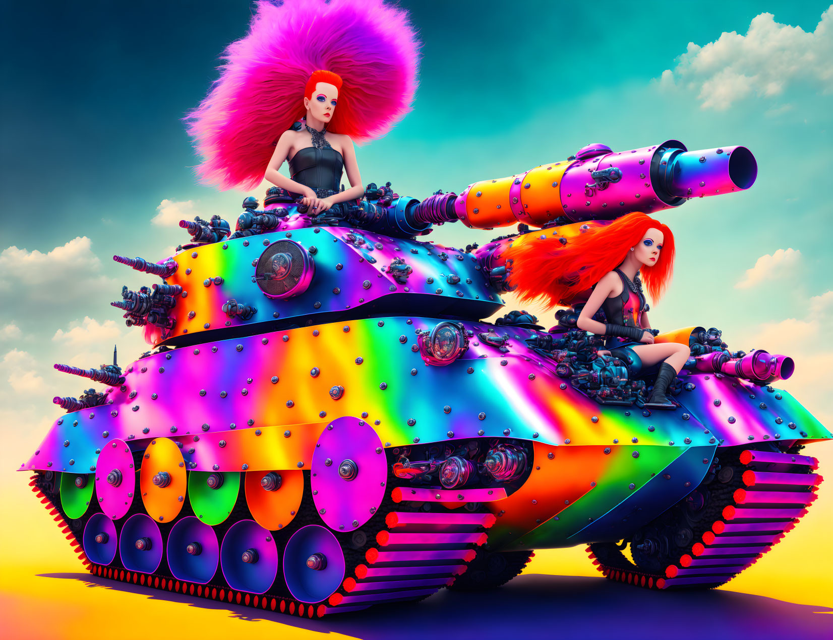 Colorful tank photoshoot with vibrant-haired models against pastel sky