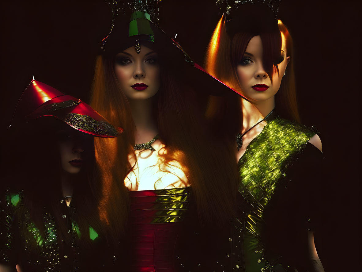 Three women in witch-like costumes and hats under dramatic lighting