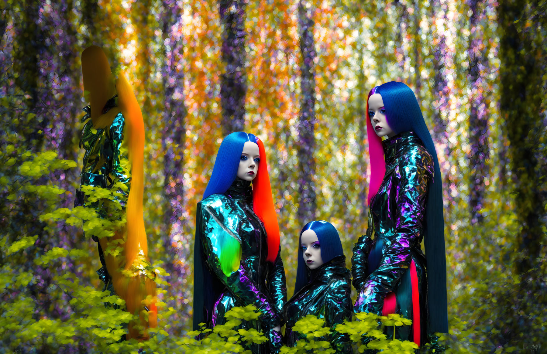 Vivid forest photoshoot with models in metallic outfits