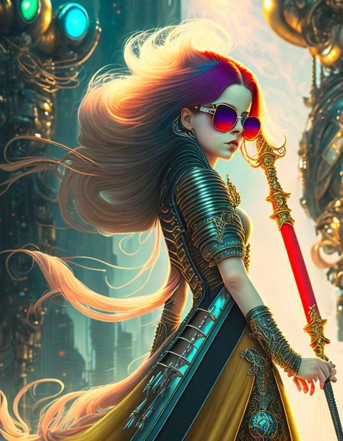 Colorful Cyberpunk Female Character with Flowing Hair and Sword