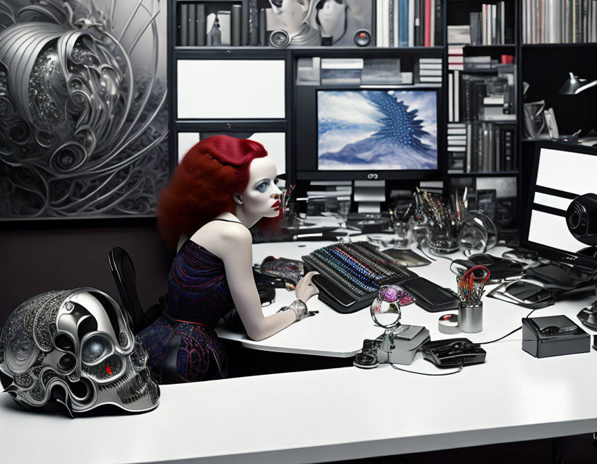 Red-haired woman at desk with monitors and futuristic gadgets.
