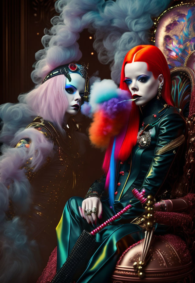 Avant-garde characters with vibrant hair and makeup holding colorful object