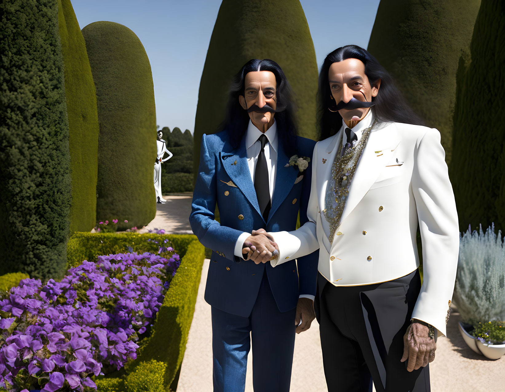 Identical male figures in suits shake hands in formal garden