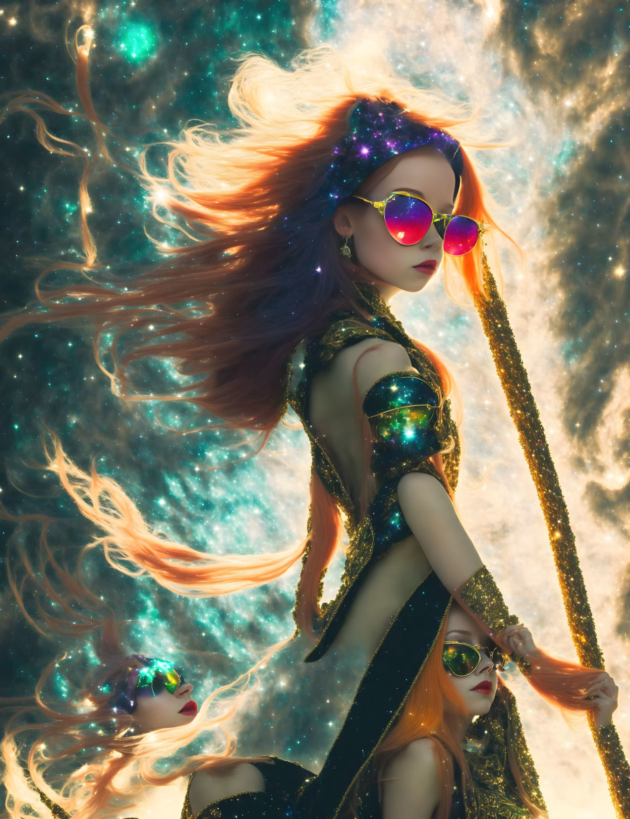 Doll with red hair and pink sunglasses in cosmic setting