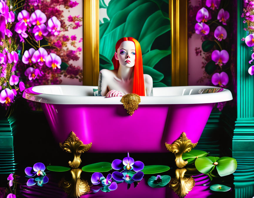 Red-haired woman in pink bathtub with purple orchids on green background