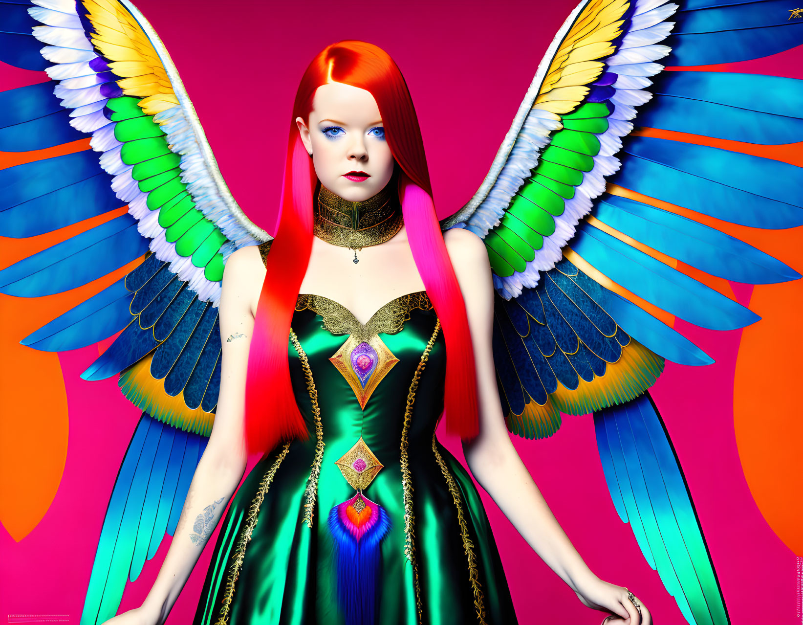 Vibrant digital artwork: Woman with red hair, multicolored angel wings, green dress on