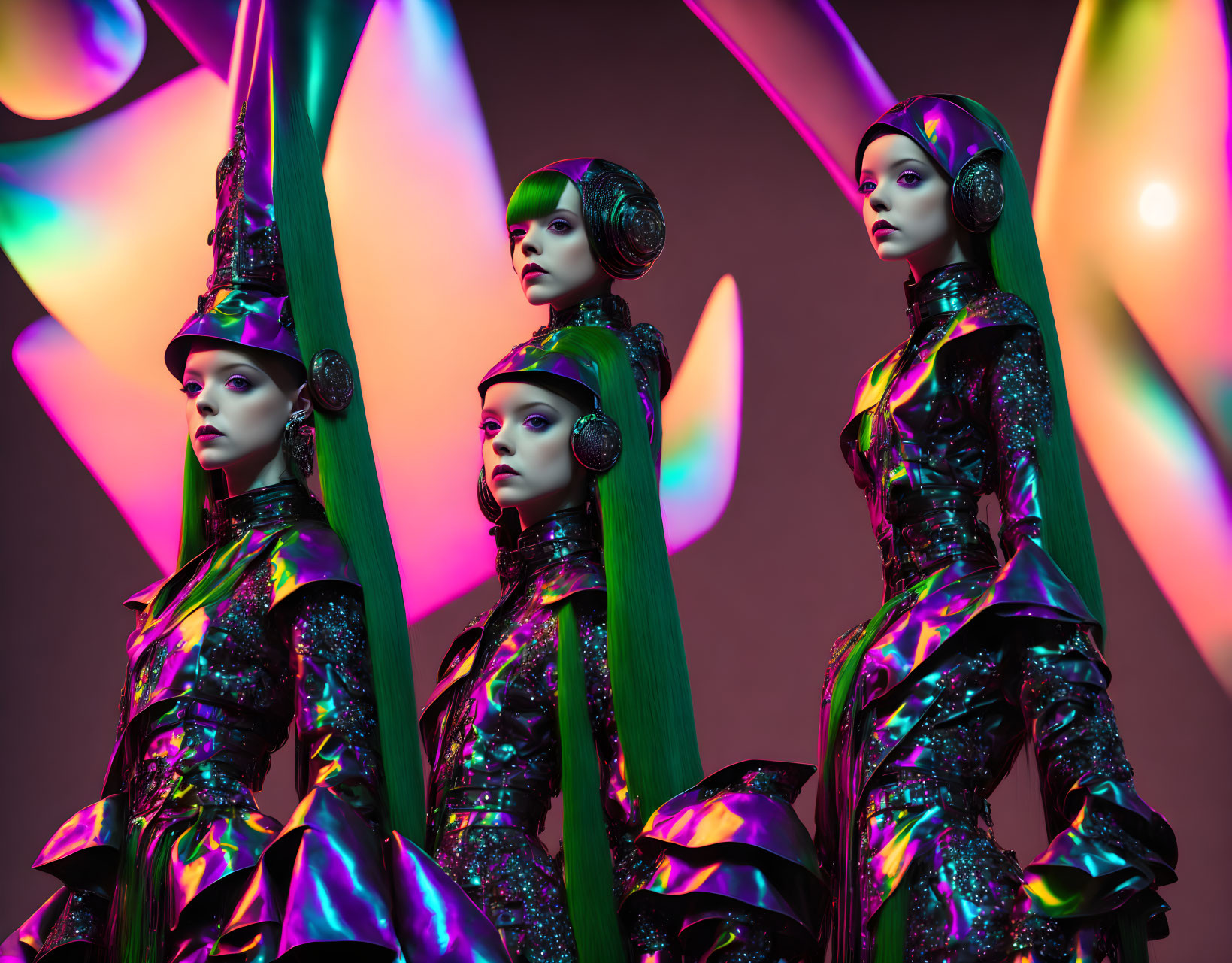 Four models in metallic green outfits with unique hats and accessories on vibrant backdrop