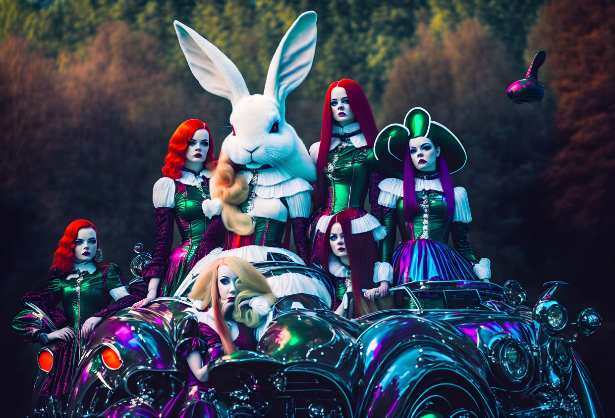 Costumed people with rabbit heads and futuristic car in dark forest.